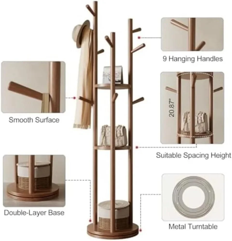 جالباسی ایستاده چوبی با قفسه های گردان، دارای ۳ طبقه و ۹ آویز برای اتاق خواب، راهرو، ورودی و دفتر کار