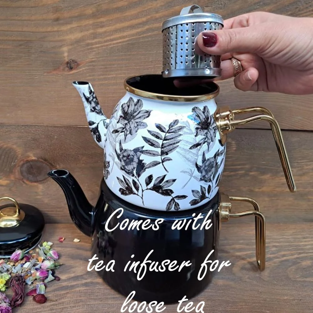 ست کتری و قوری مسی دست ساز ترکیه ای برای اجاق گاز، قوری تزئینی، فنجان، لیوان، طرح گل، دیگ بخار منحصر به فرد، صافی چای، مناسب برای برگ های شل، سبک آشپزخانه، دکوراسیون میناکاری (سفید-مشکی)