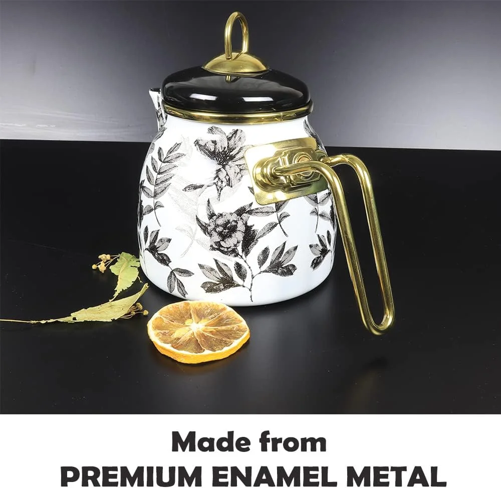 ست کتری و قوری مسی دست ساز ترکیه ای برای اجاق گاز، قوری تزئینی، فنجان، لیوان، طرح گل، دیگ بخار منحصر به فرد، صافی چای، مناسب برای برگ های شل، سبک آشپزخانه، دکوراسیون میناکاری (سفید-مشکی)