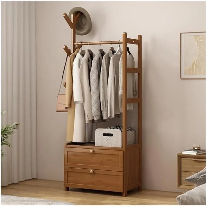 رخت آویز ایستاده با قفسه و کشو، رخت آویز خانگی، آویز لباس اتاق خواب، قفسه ذخیره سازی کمد لباس باز (قهوه ای، بزرگ)