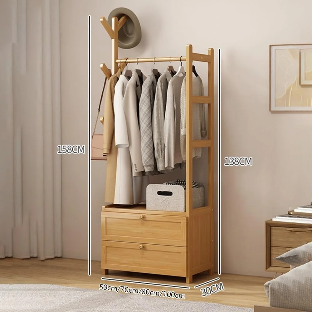 رخت آویز ایستاده با قفسه و کشو، رخت آویز خانگی، آویز لباس اتاق خواب، قفسه ذخیره سازی کمد لباس باز (قهوه ای، بزرگ)