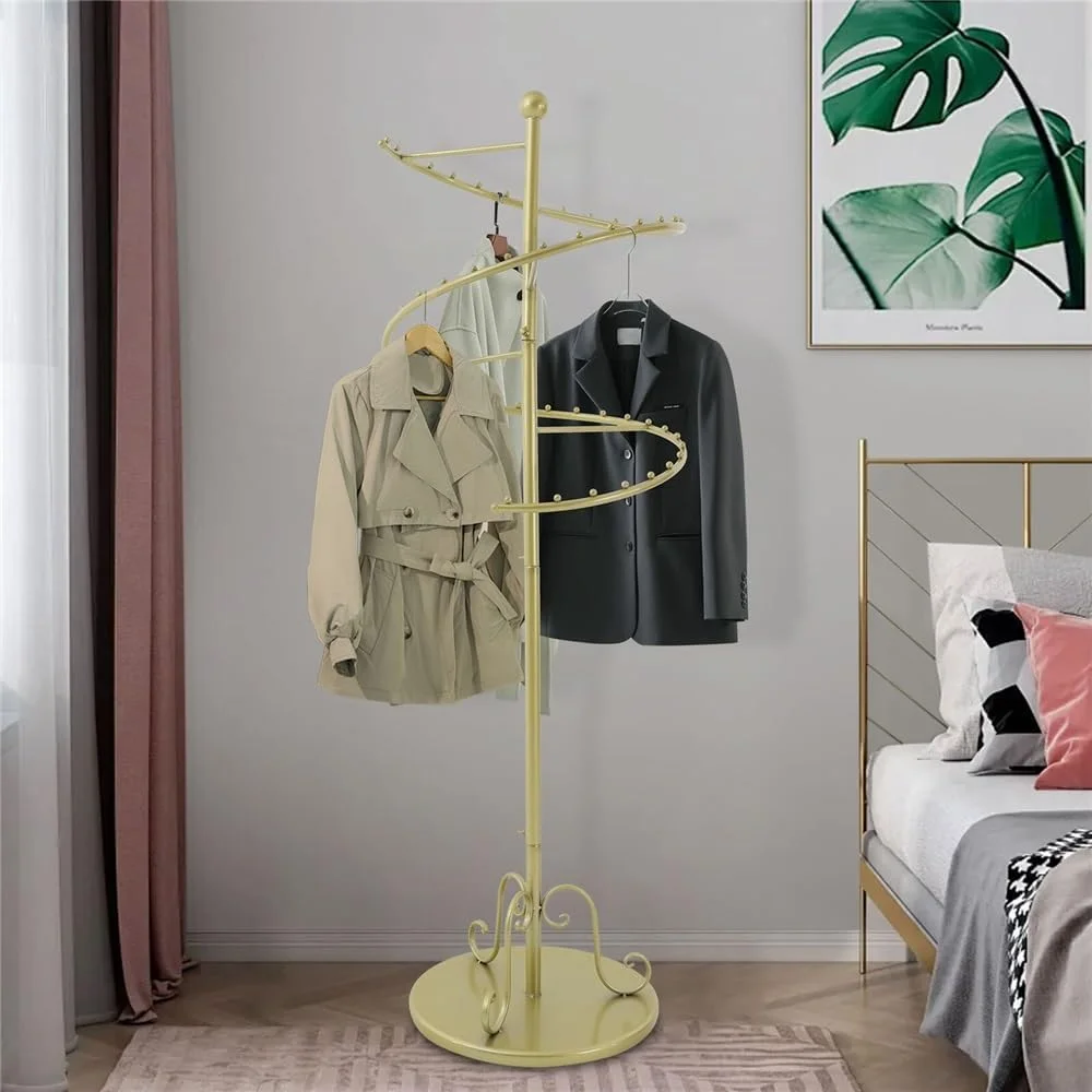 جالباسی ایستاده حلزونی چرخشی، ارتفاع 153 سانتی متر، پایه طلایی، قاب فولاد کربنی و آهن، ایده آل برای نگهداری لباس جالباسی ایستاده حلزونی چرخشی، ارتفاع 153 سانتی متر، پایه طلایی، قاب فولاد کربنی و آهن، ایده آل برای نگهداری لباس