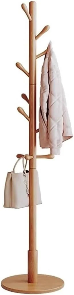 چوب لباسی ایستاده چوبی با 10 آویز، جالباسی محکم برای ورودی، خانه و دفتر (بژ)