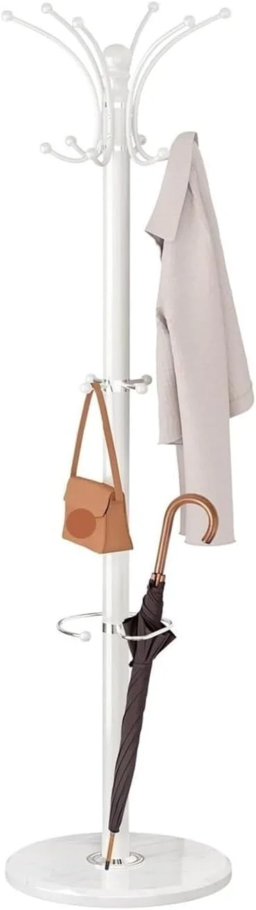 جالباسی ایستاده فلزی با پایه مرمر، آویز لباس بادوام با قلاب و محل نگهداری چتر (سفید)