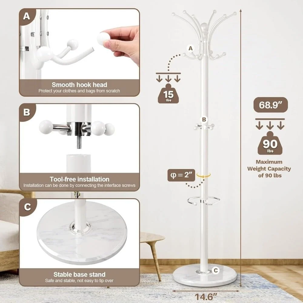 جالباسی ایستاده فلزی با پایه مرمر، آویز لباس بادوام با قلاب و محل نگهداری چتر (سفید)