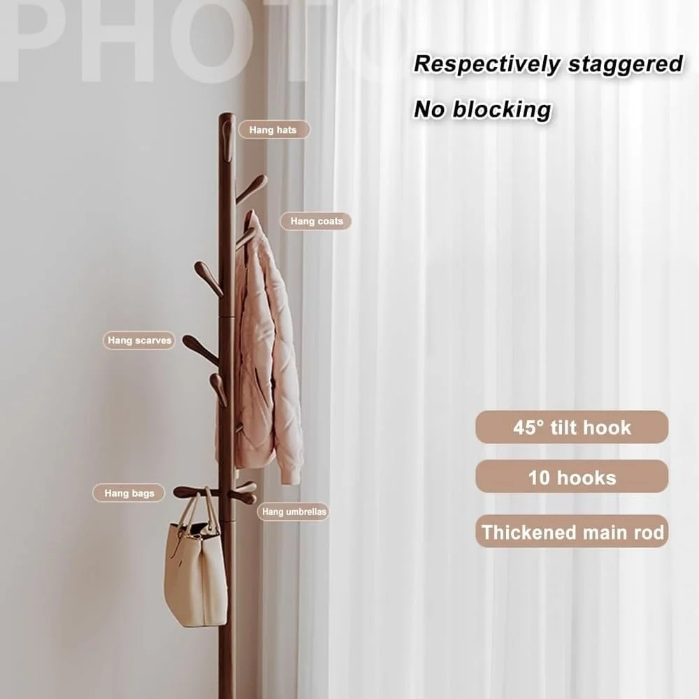 چوب لباسی ایستاده چوبی با 10 آویز، جالباسی محکم برای ورودی، خانه و دفتر (بژ) چوب لباسی ایستاده چوبی با 10 آویز، جالباسی محکم برای ورودی، خانه و دفتر (بژ)