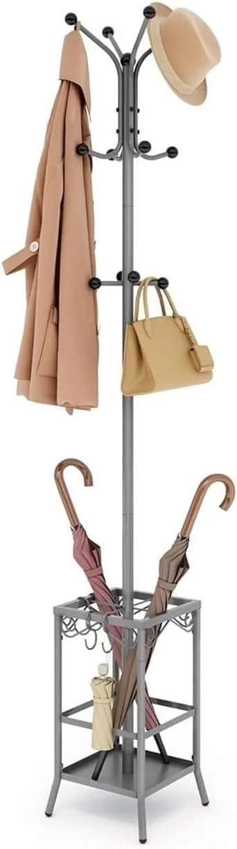جالباسی ایستاده با 12 چنگک، آویز لباس ورودی با جای چتر برای پالتو، شال گردن و کیف دستی (خاکستری)