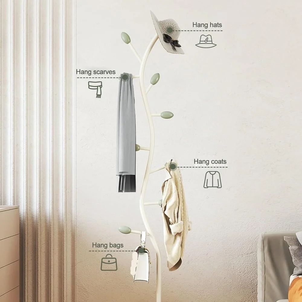 جالباسی ایستاده طرح درختی با ۹ آویز، مناسب برای ورودی منزل، راهرو، اتاق خواب، گوشه (سفید)