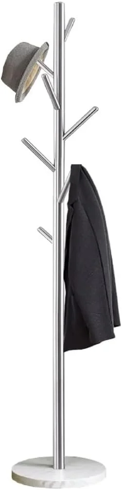 جالباسی فلزی با پایه مرمری، مناسب برای ورودی منزل، آویز کیف، لباس و کلاه (نقره ای)