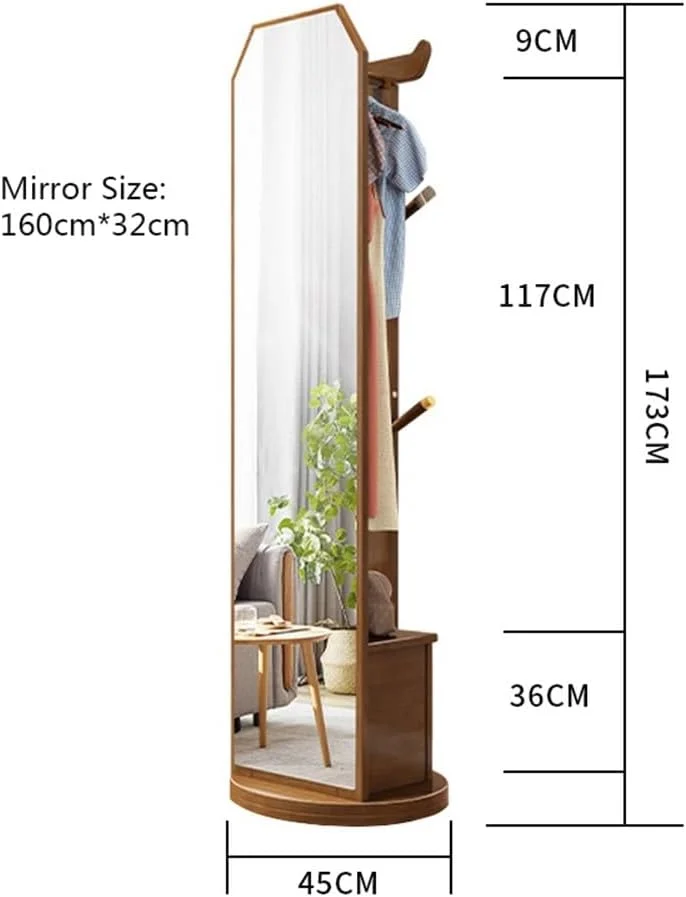 چوب لباسی ایستاده از جنس چوب جامد با کشو، کمد نگهداری، جالباسی ایستاده برای راهرو و آینه قدی قابل جابجایی (گردویی)