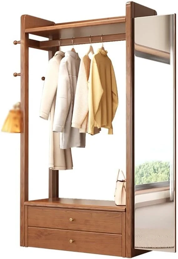 رخت آویز چوبی جامد با آینه، مناسب اتاق خواب، نشیمن، با طراحی ساده و دارای آینه قدی و قفسه برای نگهداری وسایل، ایستاده