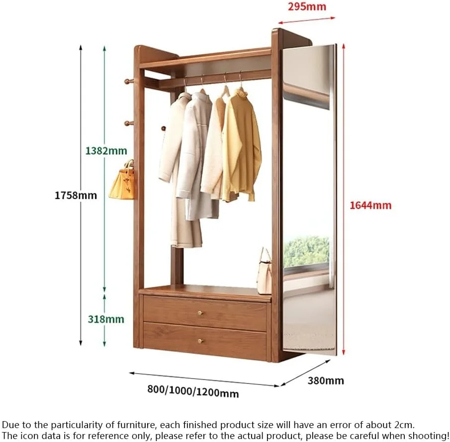 رخت آویز چوبی جامد با آینه، مناسب اتاق خواب، نشیمن، با طراحی ساده و دارای آینه قدی و قفسه برای نگهداری وسایل، ایستاده