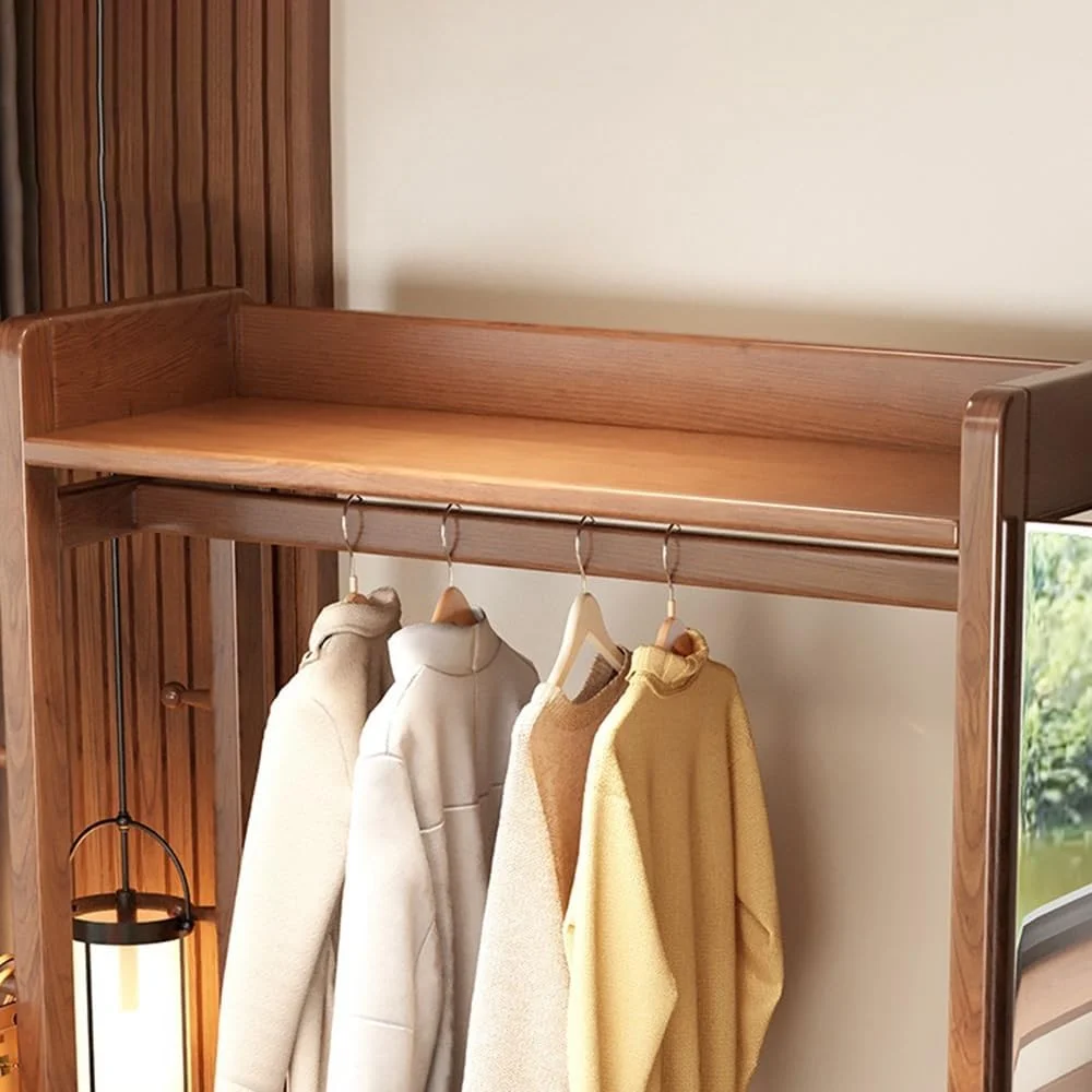 رخت آویز چوبی جامد با آینه، مناسب اتاق خواب، نشیمن، با طراحی ساده و دارای آینه قدی و قفسه برای نگهداری وسایل، ایستاده