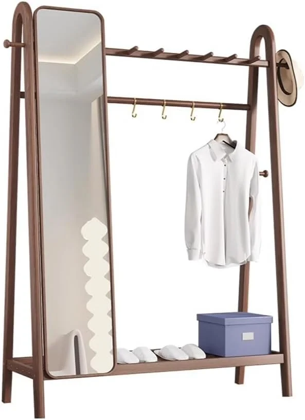 چوب لباسی ایستاده چوبی محکم برای اتاق خواب، قفسه کت با آینه، قفسه ذخیره سازی چند منظوره خانگی