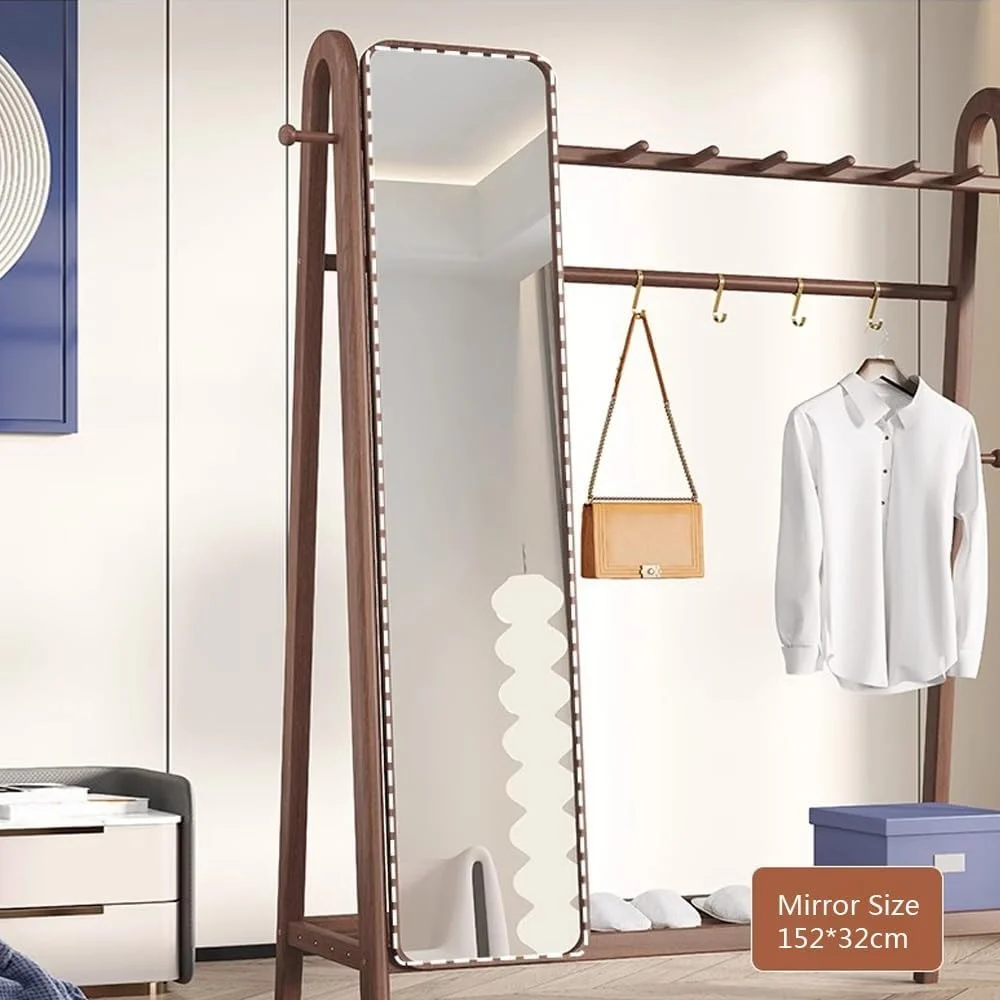 چوب لباسی ایستاده چوبی محکم برای اتاق خواب، قفسه کت با آینه، قفسه ذخیره سازی چند منظوره خانگی چوب لباسی ایستاده چوبی محکم برای اتاق خواب، قفسه کت با آینه، قفسه ذخیره سازی چند منظوره خانگی