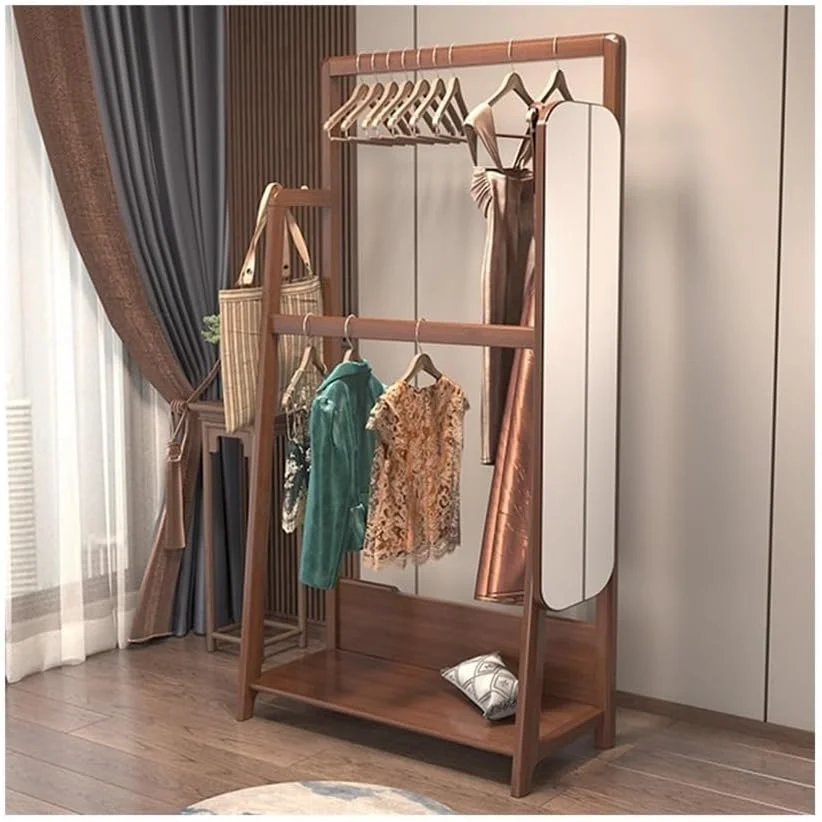 رخت آویز چوبی جامد با آینه قدی برای اتاق خواب، قفسه کت، آینه تمام قد، قفسه نگهداری لباس ایستاده (واسطة)