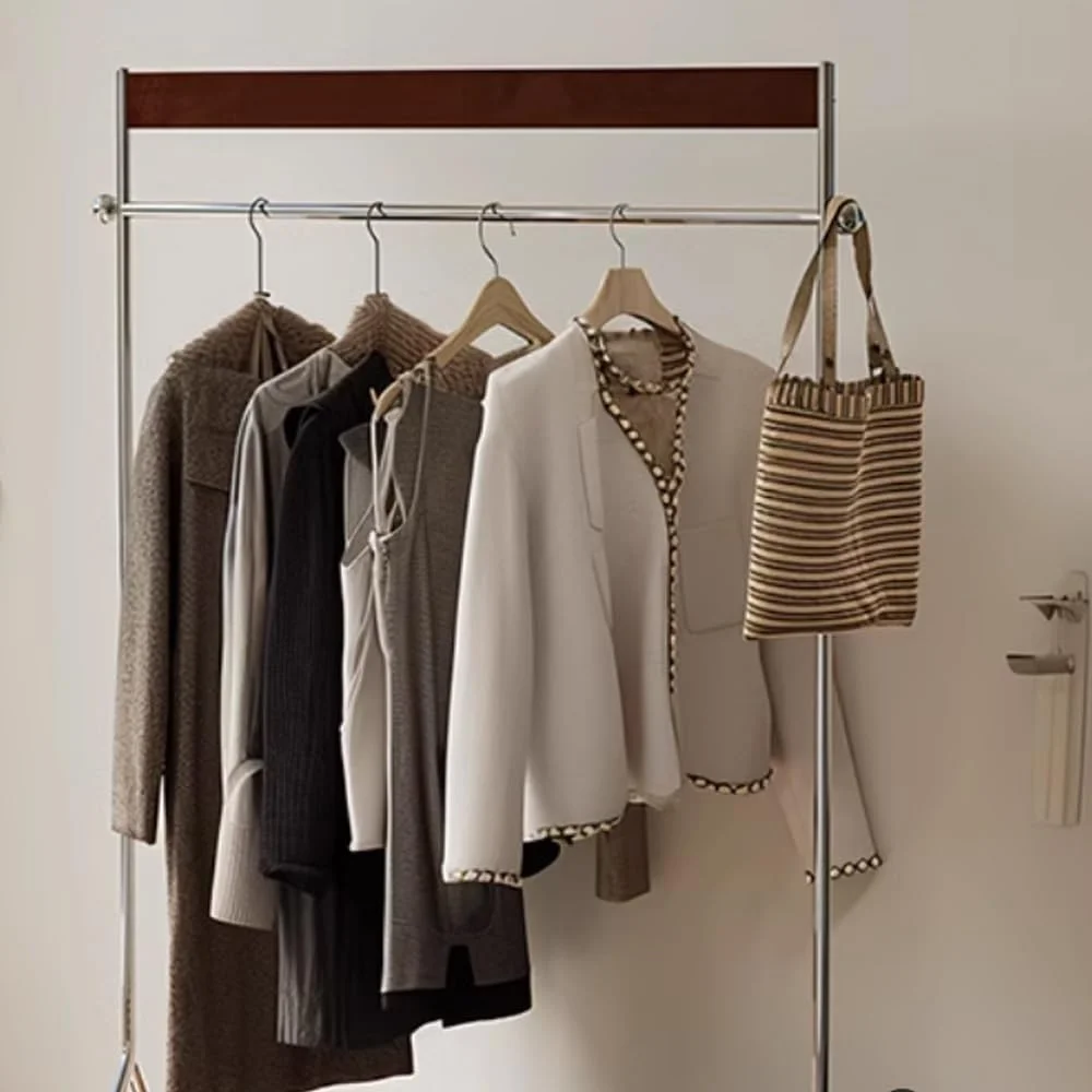 رخت آویز ایستاده، قفسه لباس برای اتاق خواب، چوب لباسی خانگی از جنس استیل ضد زنگ، قفسه ذخیره سازی متحرک (قهوه ای)