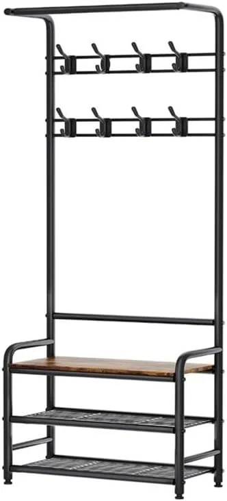 جالباسی ایستاده درختی با نیمکت برای کفش در ورودی، دارای سه طبقه قفسه، یک میله آویز و 8 آویز