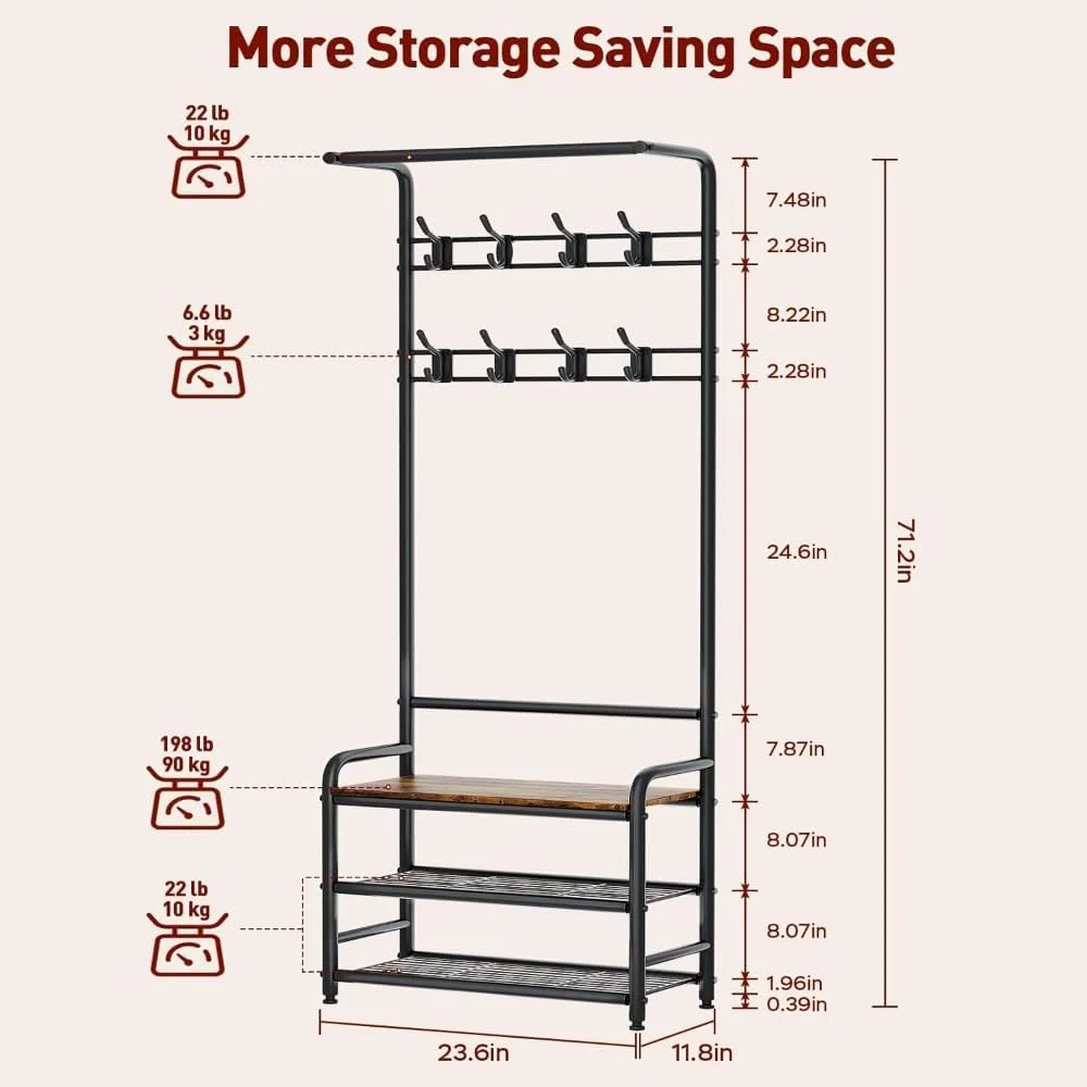 جالباسی ایستاده درختی با نیمکت برای کفش در ورودی، دارای سه طبقه قفسه، یک میله آویز و 8 آویز