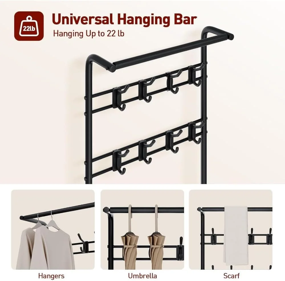 جالباسی ایستاده درختی با نیمکت برای کفش در ورودی، دارای سه طبقه قفسه، یک میله آویز و 8 آویز