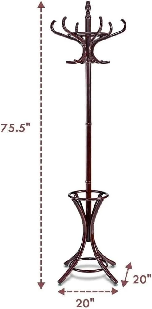 چوب لباسی ایستاده چوبی با 12 آویز برای منزل، آویز کلاه و کت، مدل درختی با پایه چتر