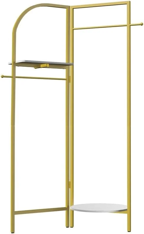 جالباسی ایستاده فلزی طلایی، مناسب گوشه ورودی، آویز لباس با قفسه برای کلاه، شال، کیف و کفش جالباسی ایستاده فلزی طلایی، مناسب گوشه ورودی، آویز لباس با قفسه برای کلاه، شال، کیف و کفش