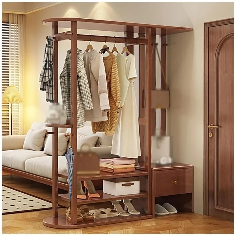 جالباسی ایستاده چوبی، مناسب برای اتاق خواب، منزل، آویز لباس، ورودی درب و دارای نشیمن برای نگهداری کفش (گردویی)