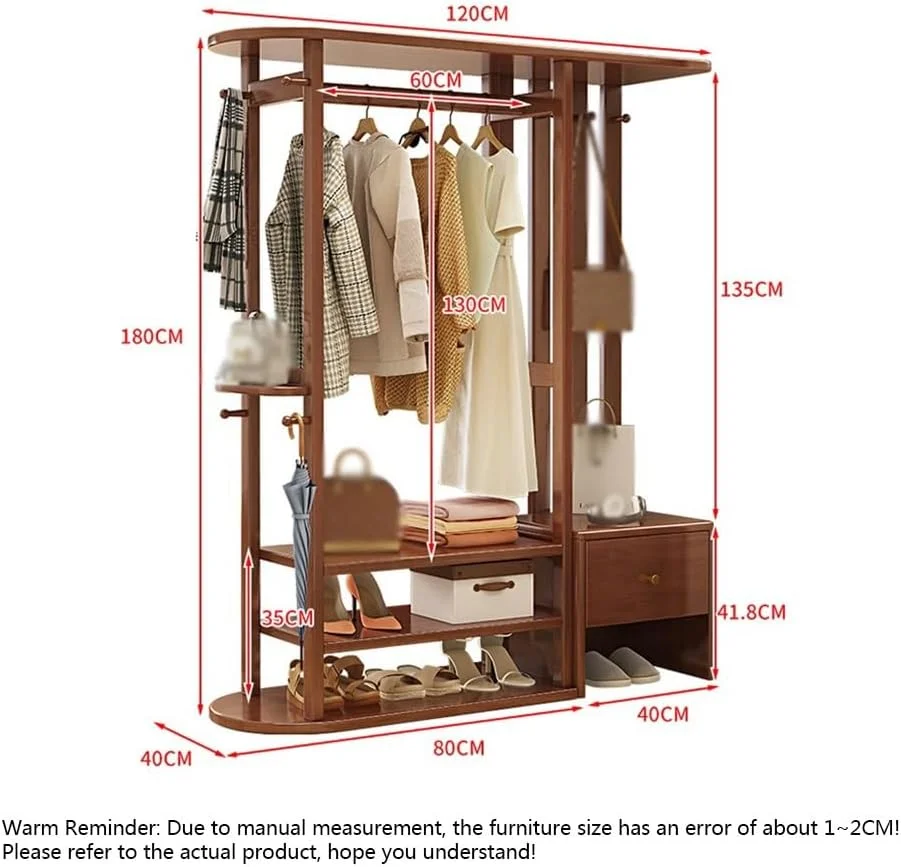 جالباسی ایستاده چوبی، مناسب برای اتاق خواب، منزل، آویز لباس، ورودی درب و دارای نشیمن برای نگهداری کفش (گردویی)