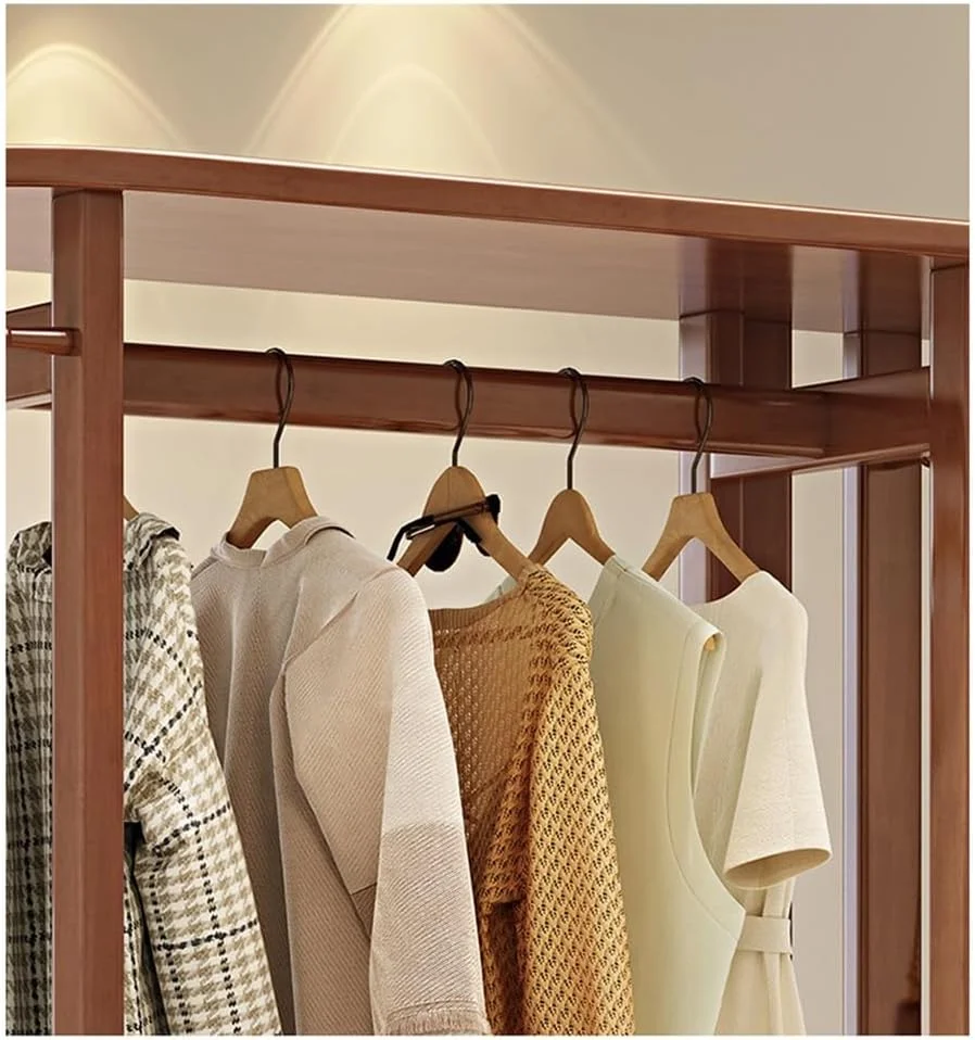 جالباسی ایستاده چوبی، مناسب برای اتاق خواب، منزل، آویز لباس، ورودی درب و دارای نشیمن برای نگهداری کفش (گردویی)