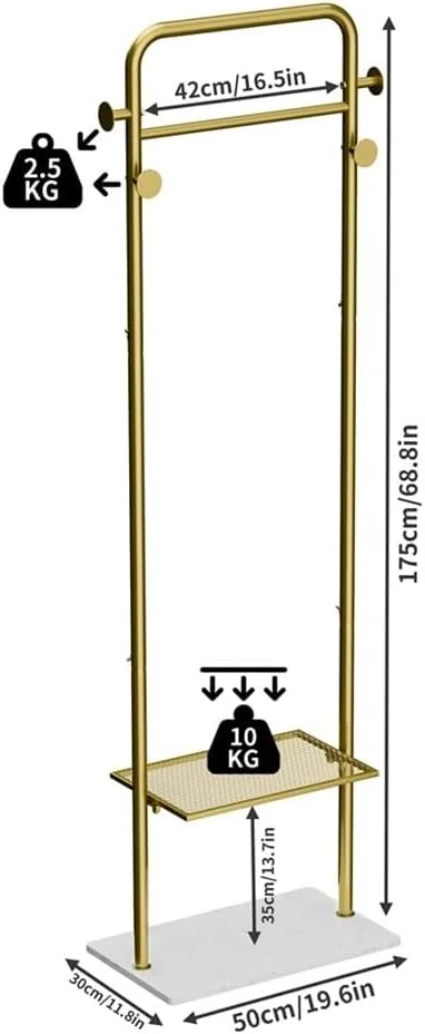جالباسی فلزی طلایی، جالباسی گوشه ای ورودی، جاکلاهی، چوب لباسی با پایه مرمری برای لباس، کلاه و کیف دستی
