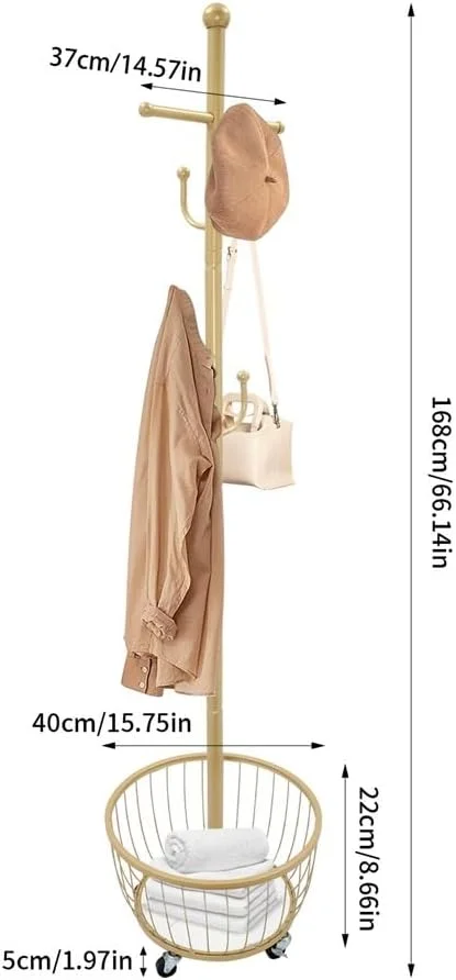 جالباسی ایستاده با سبد ذخیره سازی و چرخ متحرک برای ورودی، راهرو، اتاق خواب، دفتر