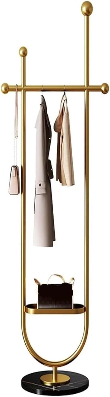 چوب لباسی ایستاده فلزی بادوام، آویز لباس طلایی با پایه مرمر، چوب لباسی محکم برای نگهداری لباس و پیراهن (مشکی)