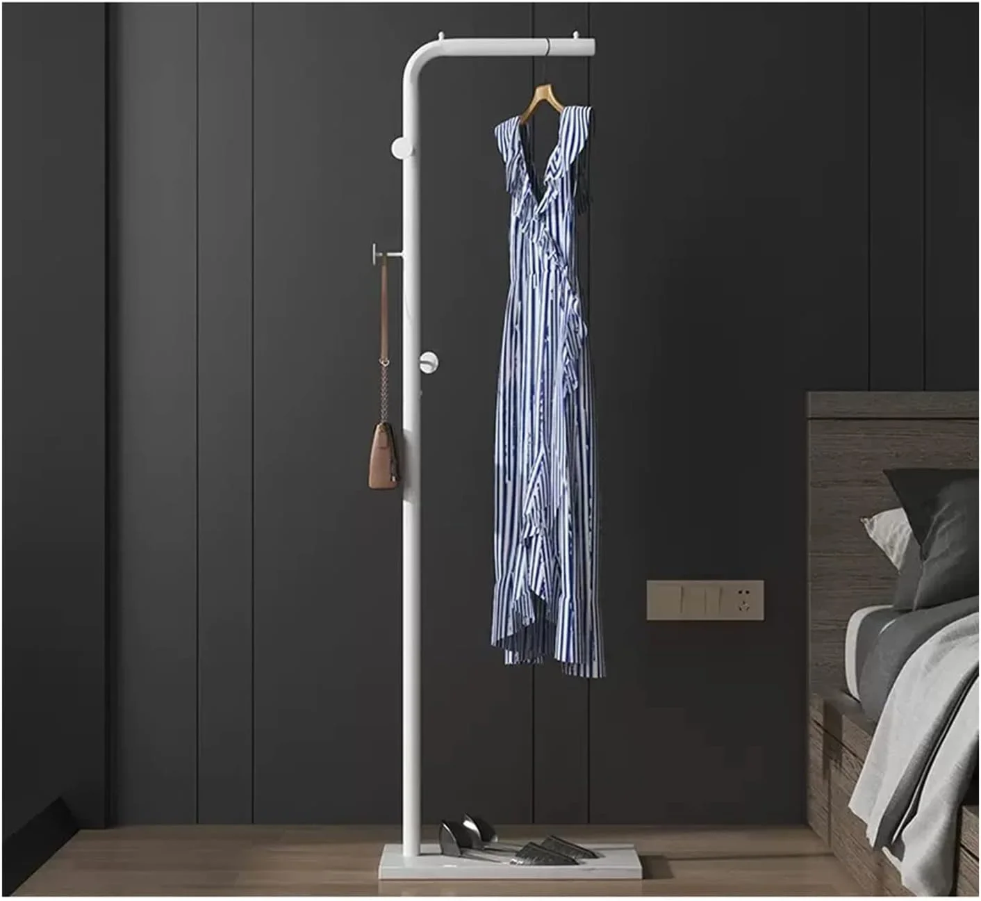 رخت آویز ایستاده با قفسه لباس، مناسب اتاق خواب، رخت آویز ساده، مناسب اتاق نشیمن، رخت آویز تک میله ای (سفید+سفید، 170 سانتی متر)