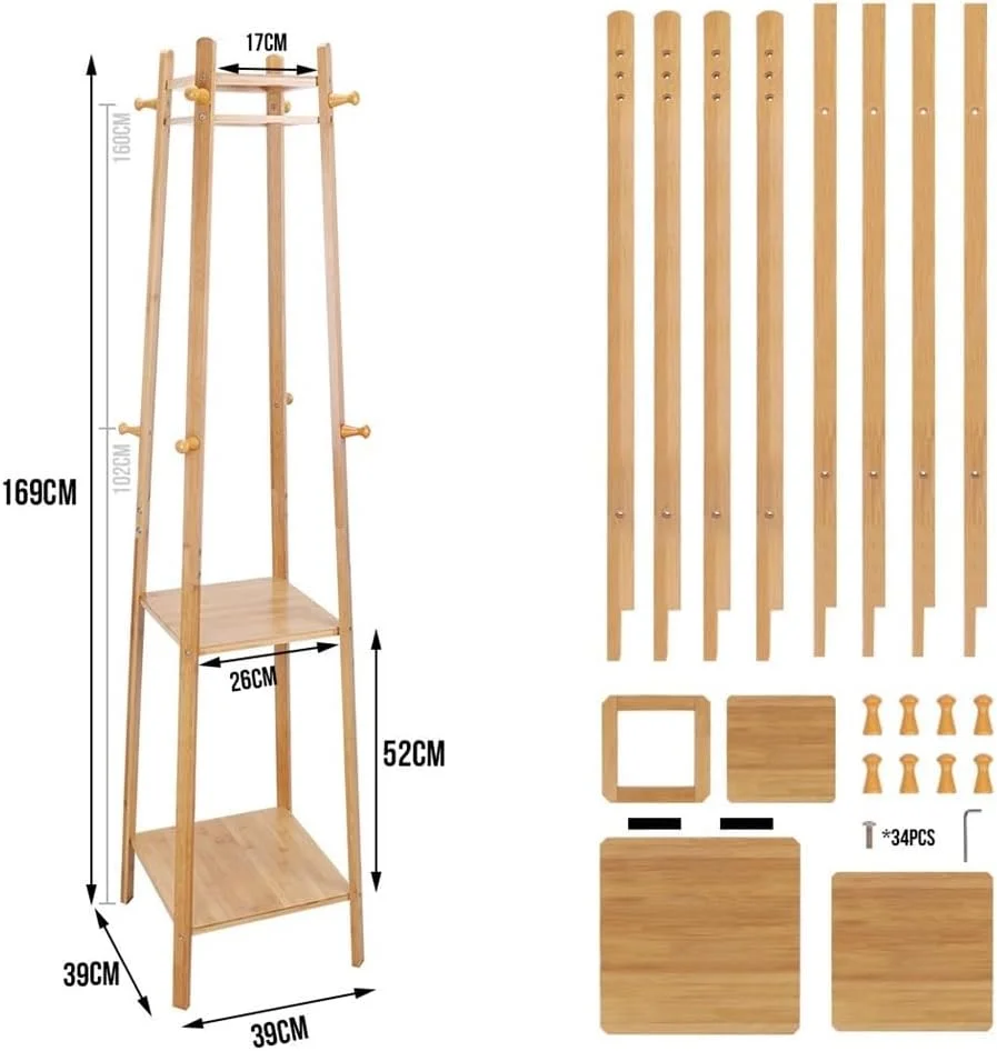 رخت آویز ایستاده چوبی با قفسه ذخیره سازی کلاه و کت، به همراه 8 آویز