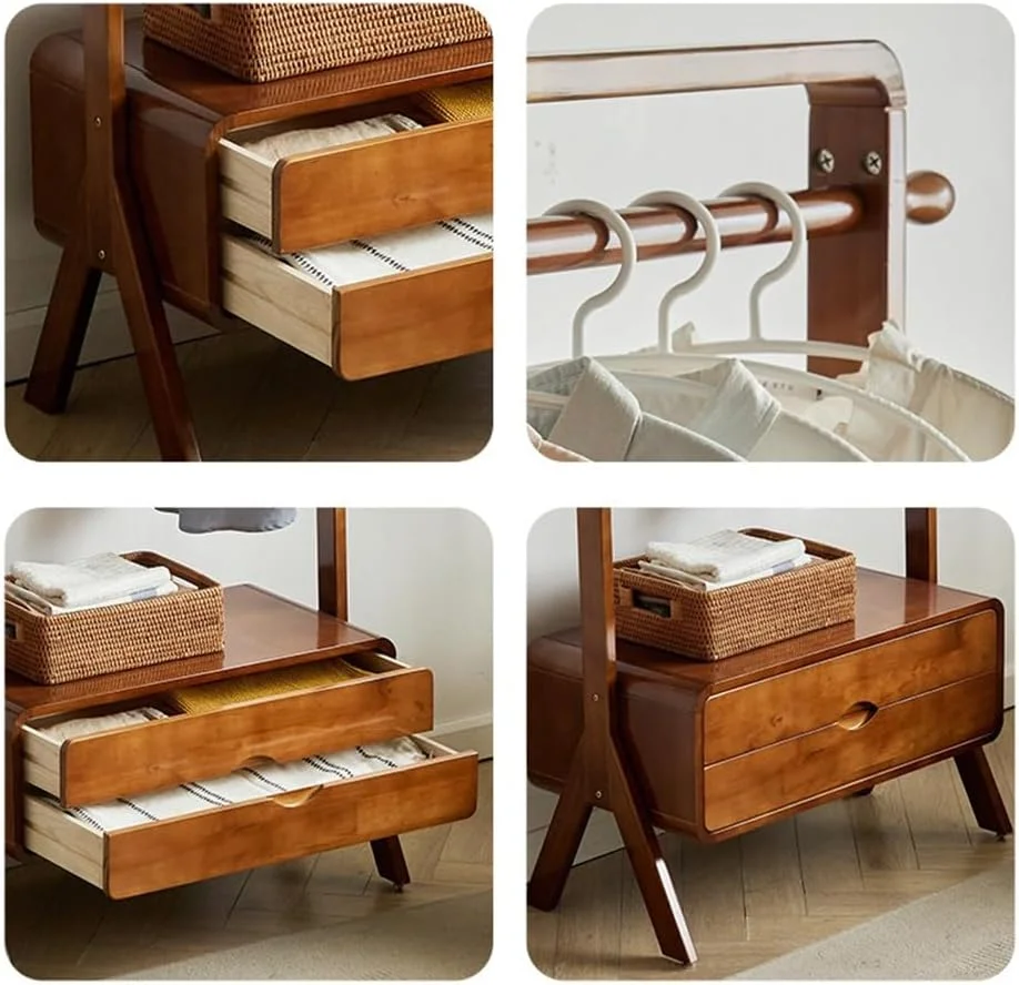 چوب لباسی ایستاده چوبی جامد، مناسب برای اتاق خواب و نگهداری لباس، چوب لباسی عمودی کنار تخت، جالباسی ساده (رنگ چوب، کوچک)