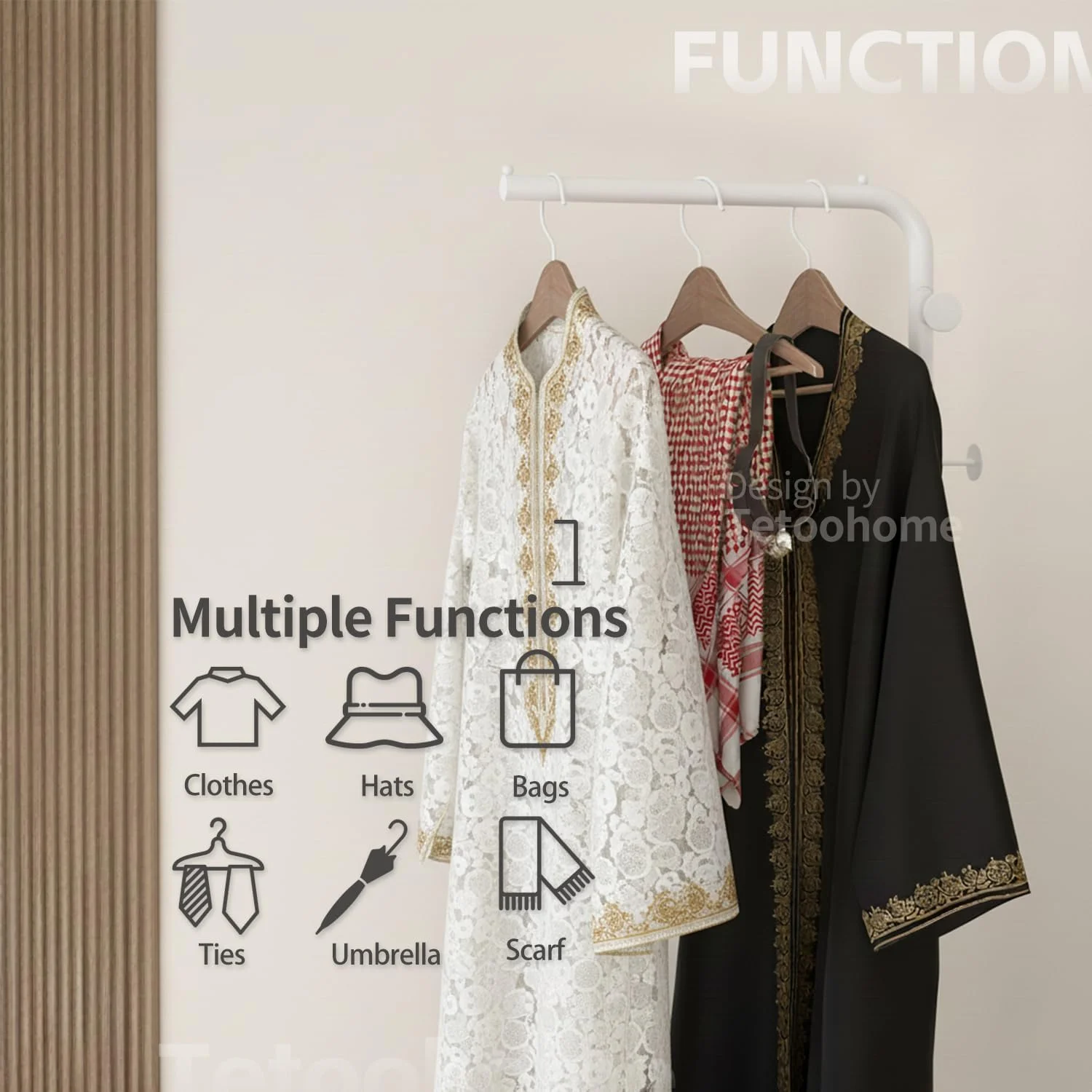 رخت آویز فلزی ایستاده 175 سانتی متری - پایه سنگی بادوام، وزن 5.68 کیلوگرم. شیک و کاربردی برای اتاق خواب، اتاق نشیمن، دفتر و غذاخوری. تمیز کردن آسان و طراحی مدرن (سفید)