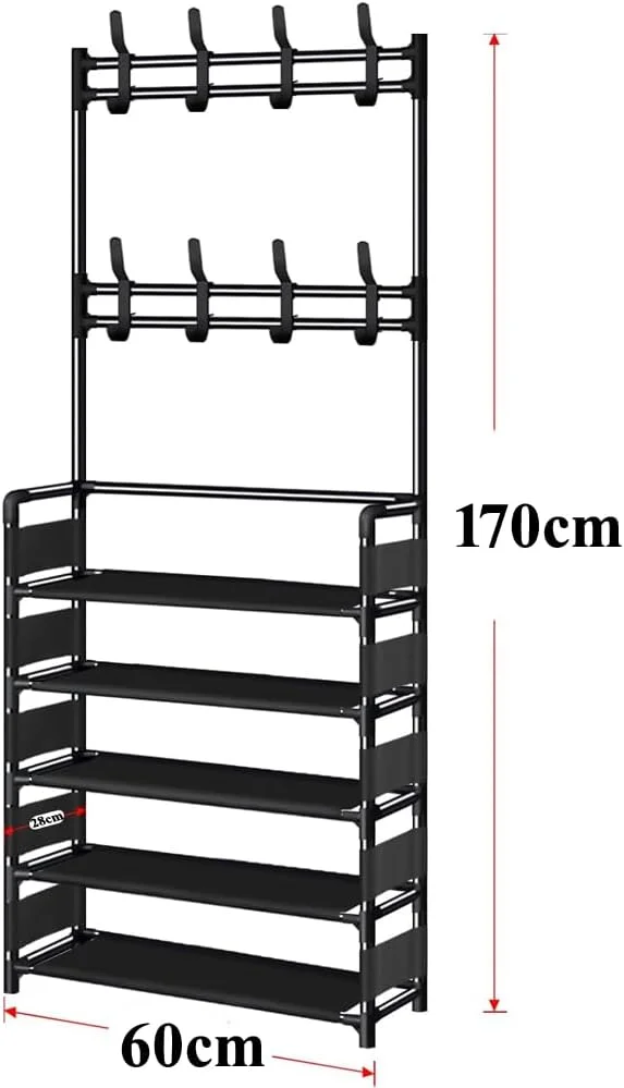 جاکفشی و جالباسی 5 طبقه جانز دکور با 8 آویز – نظم دهنده ورودی صرفه جویی در فضا (عرض 60 سانتی متر)، قاب فلزی محکم، مونتاژ آسان، ظرفیت تا 12 جفت کفش (5 طبقه)
