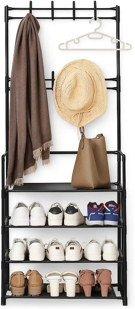 رخت آویز ایستاده 3 در 1 جان، اس دکور به همراه نیمکت جاکفشی - 8 آویز و 5 طبقه - سازمان دهنده ورودی - فولاد با روکش پودری سنگین، صرفه جویی در فضای عمودی، مشکی (4 طبقه)