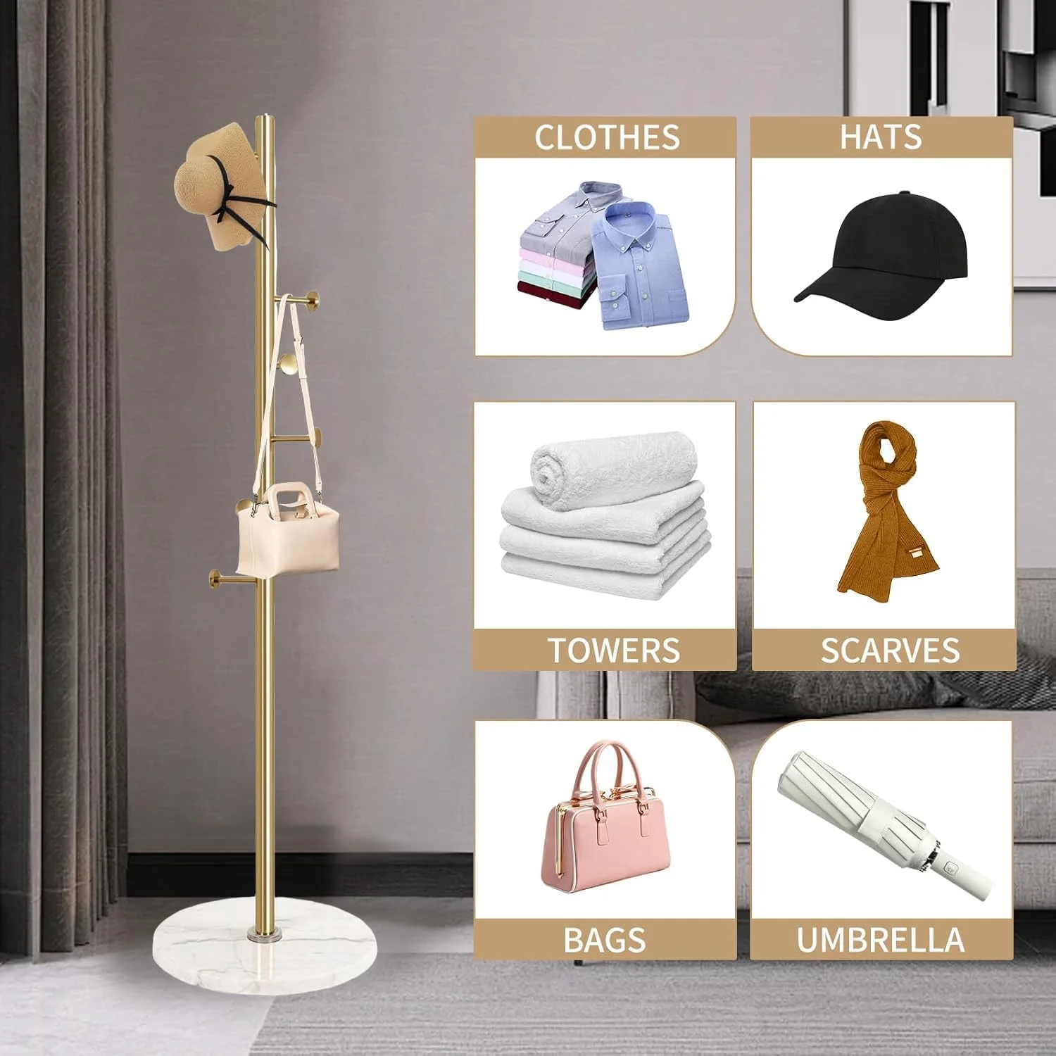 جالباسی فلزی ایستاده 0TO1، ارتفاع 170 سانتی متر، آویز کلاه، مناسب راهرو، آویز فلزی برای شال، کوله پشتی، کیف پول، جالباسی ساده، جالباسی شیک با پایه گرد مرمری با ثبات، دارای 7 آویز