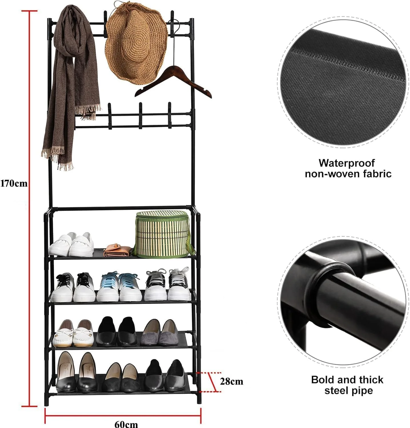 رخت آویز ایستاده 3 در 1 جان، اس دکور به همراه نیمکت جاکفشی - 8 آویز و 5 طبقه - سازمان دهنده ورودی - فولاد با روکش پودری سنگین، صرفه جویی در فضای عمودی، مشکی (4 طبقه)