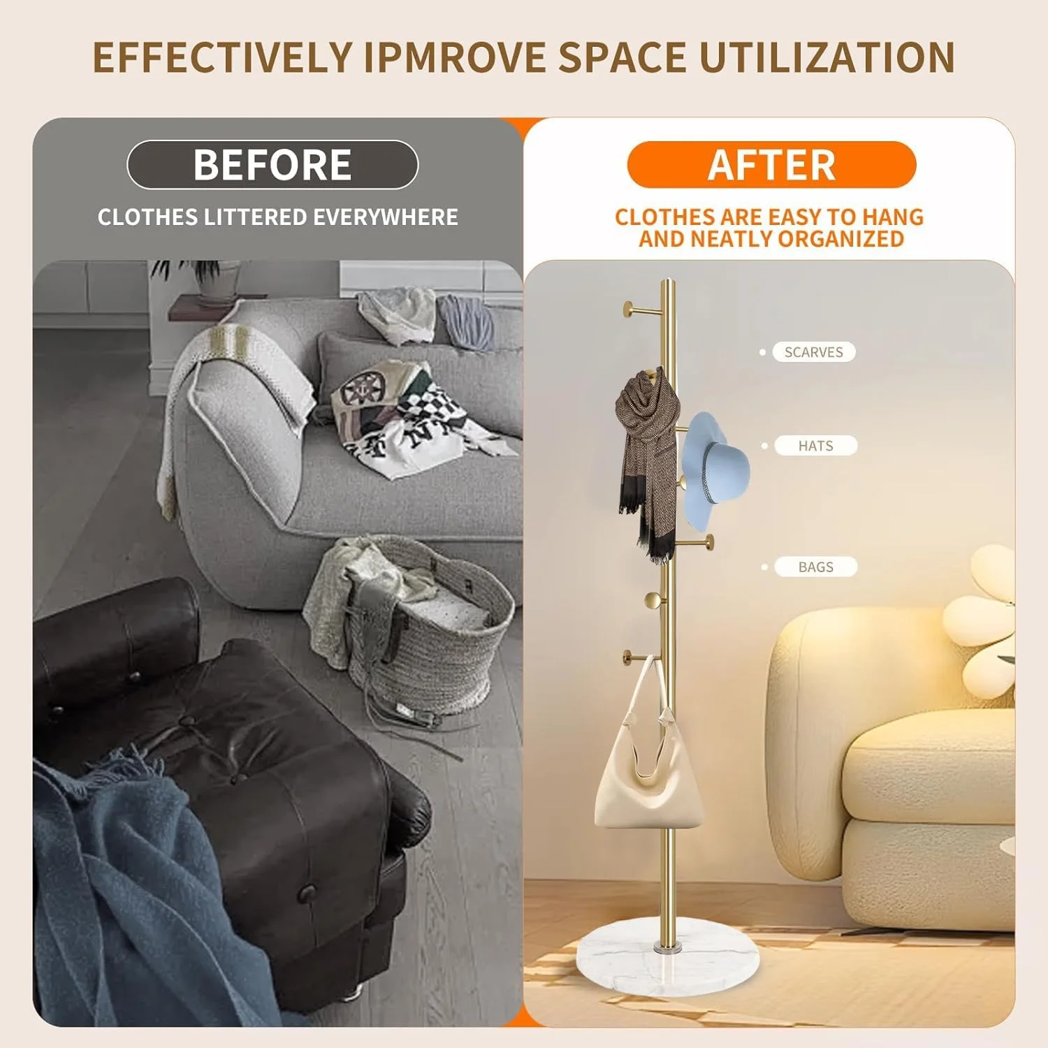 جالباسی فلزی ایستاده 0TO1، ارتفاع 170 سانتی متر، آویز کلاه، مناسب راهرو، آویز فلزی برای شال، کوله پشتی، کیف پول، جالباسی ساده، جالباسی شیک با پایه گرد مرمری با ثبات، دارای 7 آویز