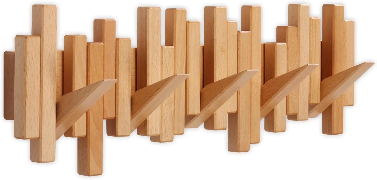 چوب لباسی دیواری چوبی، چند شاخه، چوب راش طبیعی دست ساز، اثر هنری با 5 قلاب مدرن منحصر به فرد تاشو برای کت، کیف، کلاه، چتر