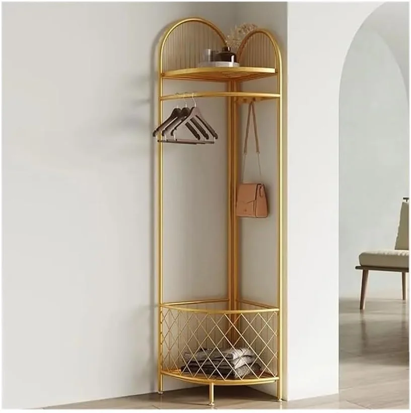 رخت آویز گوشه ای با سبد ذخیره سازی و قلاب های فلزی برای ورودی، راهرو، اتاق خواب، دفتر کار (طلایی)