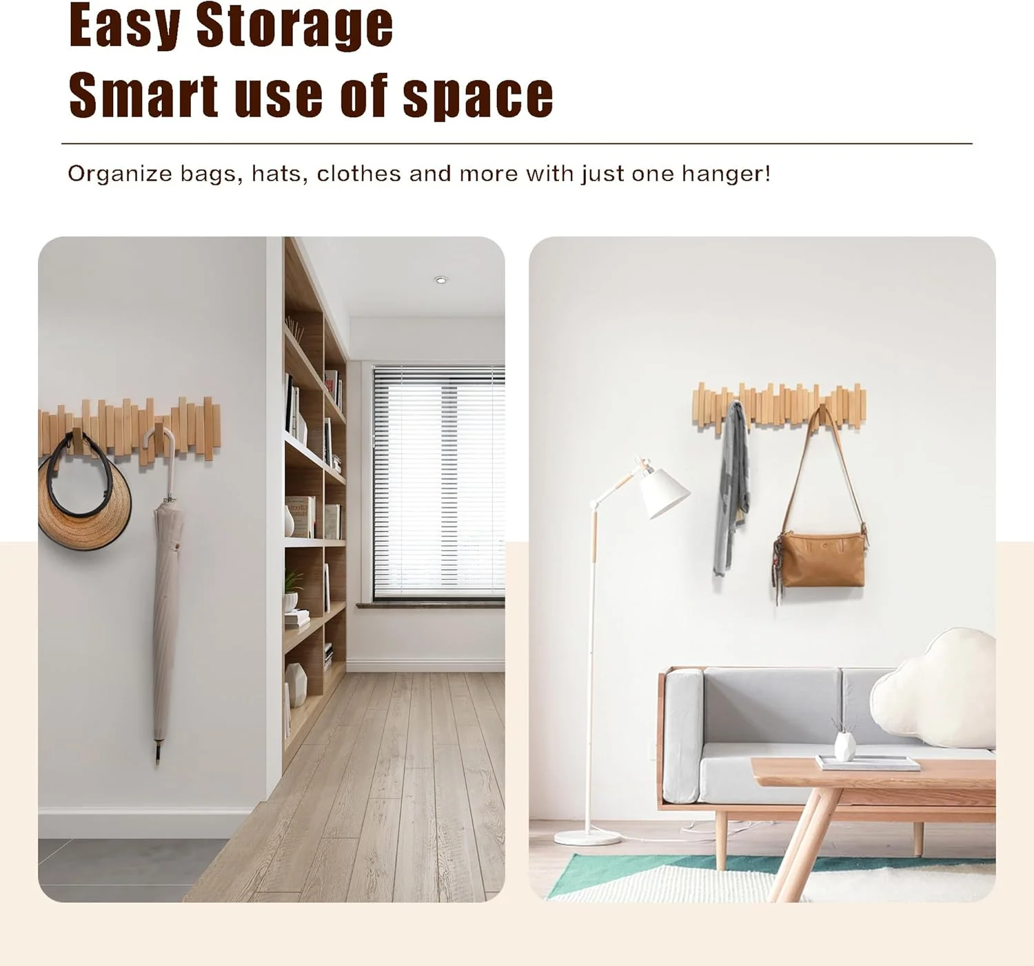 چوب لباسی دیواری چوبی، چند شاخه، چوب راش طبیعی دست ساز، اثر هنری با 5 قلاب مدرن منحصر به فرد تاشو برای کت، کیف، کلاه، چتر