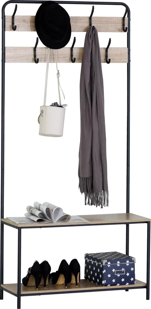 جالباسی، کلاه و رخت آویز با نیمکت و قفسه کفش، دارای ۷ آویز، مناسب راهرو، اتاق خواب، اتاق نشیمن، ابعاد ۸۰x۳۰x۱۷۰ سانتی متر