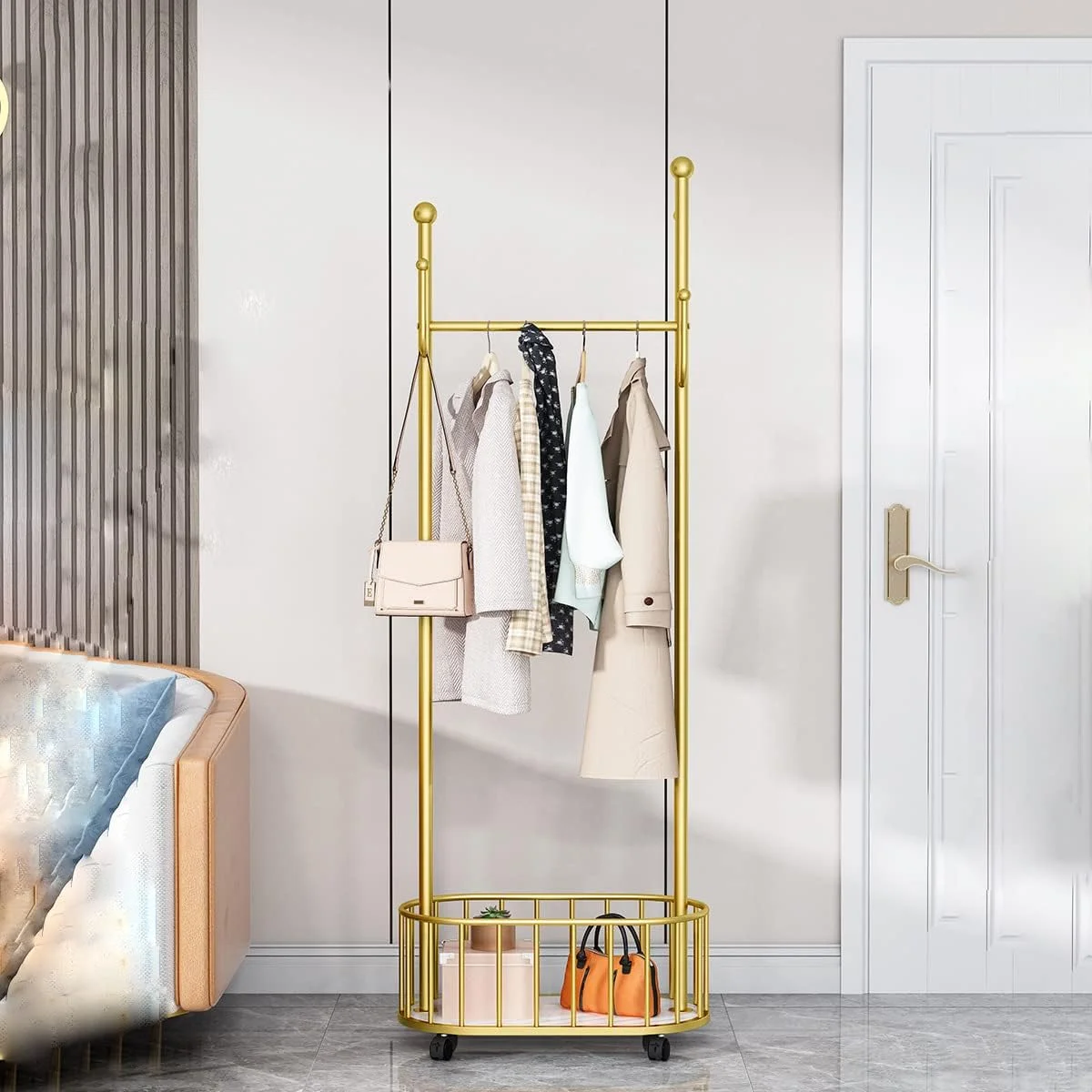 رخت آویز چند منظوره و سنگین فلزی ORCHID M® با چرخ، دارای میله و سبد ذخیره سازی، پایه رخت آویز متحرک مدرن برای آویزان کردن لباس در اتاق خواب