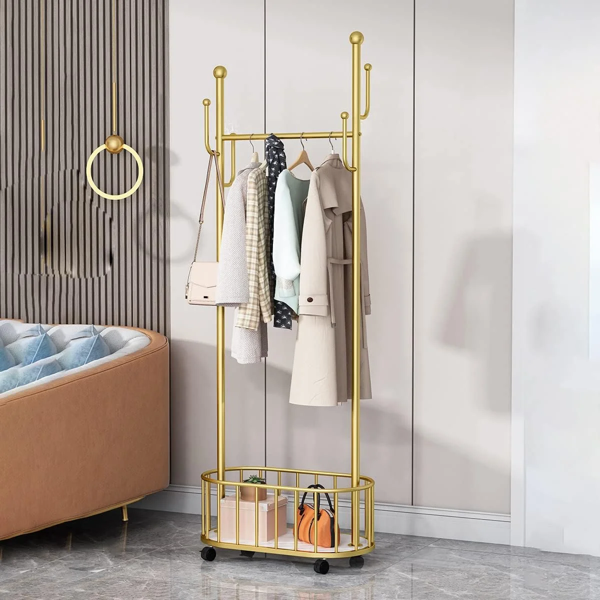 رگال لباس فلزی، رگال لباس چرخ دار با سبد ذخیره سازی، رگال لباس چرخ دار سنگین، استند آویز کت ورودی با قلاب (طلایی)