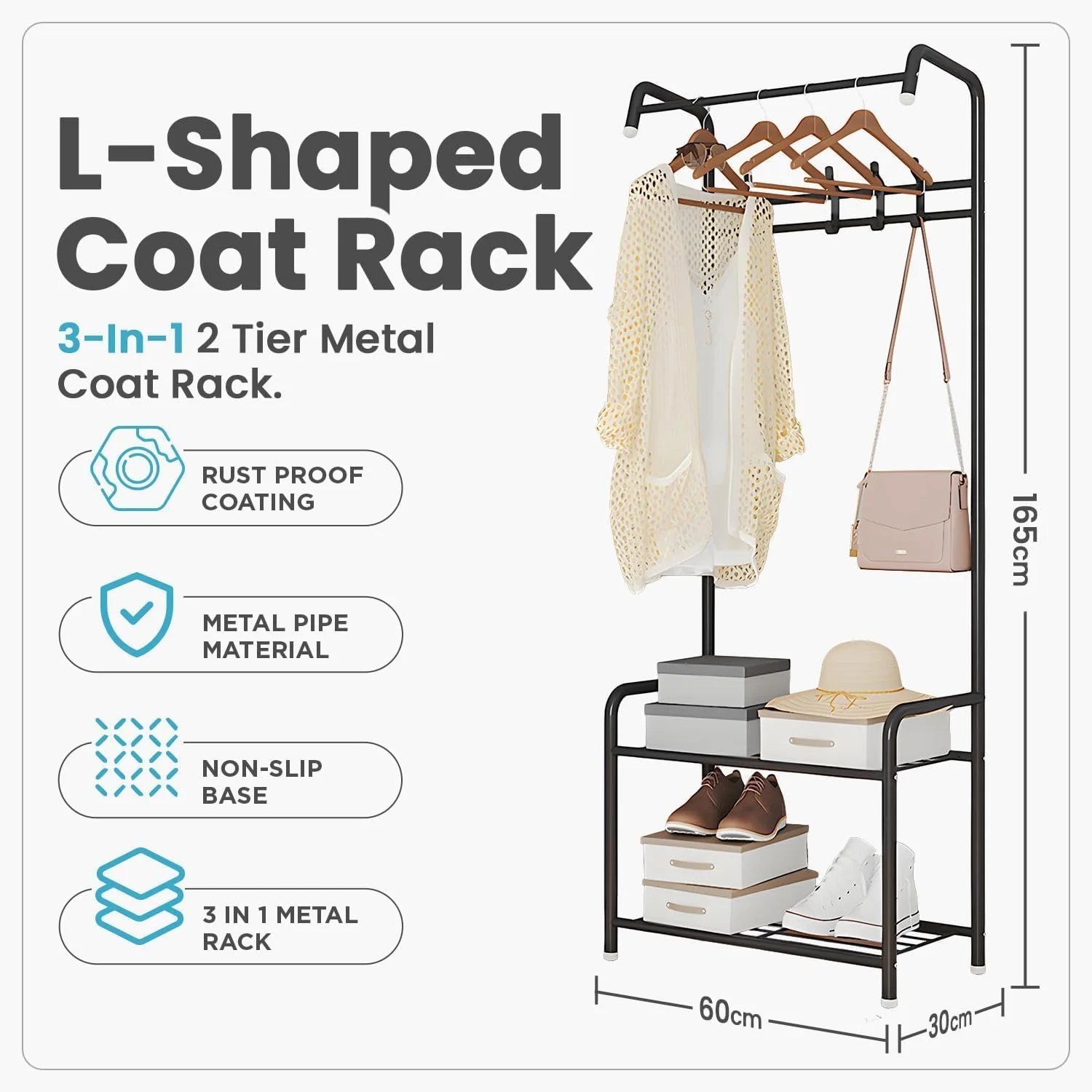 رخت آویز، جاکفشی و چوب لباسی 3 در 1، نظم دهنده ورودی محکم با 3 آویز، 2 طبقه کفش و میله آویز لباس برای کت و لباس، طراحی صرفه جویی در فضا برای خانه یا دفتر (مشکی)