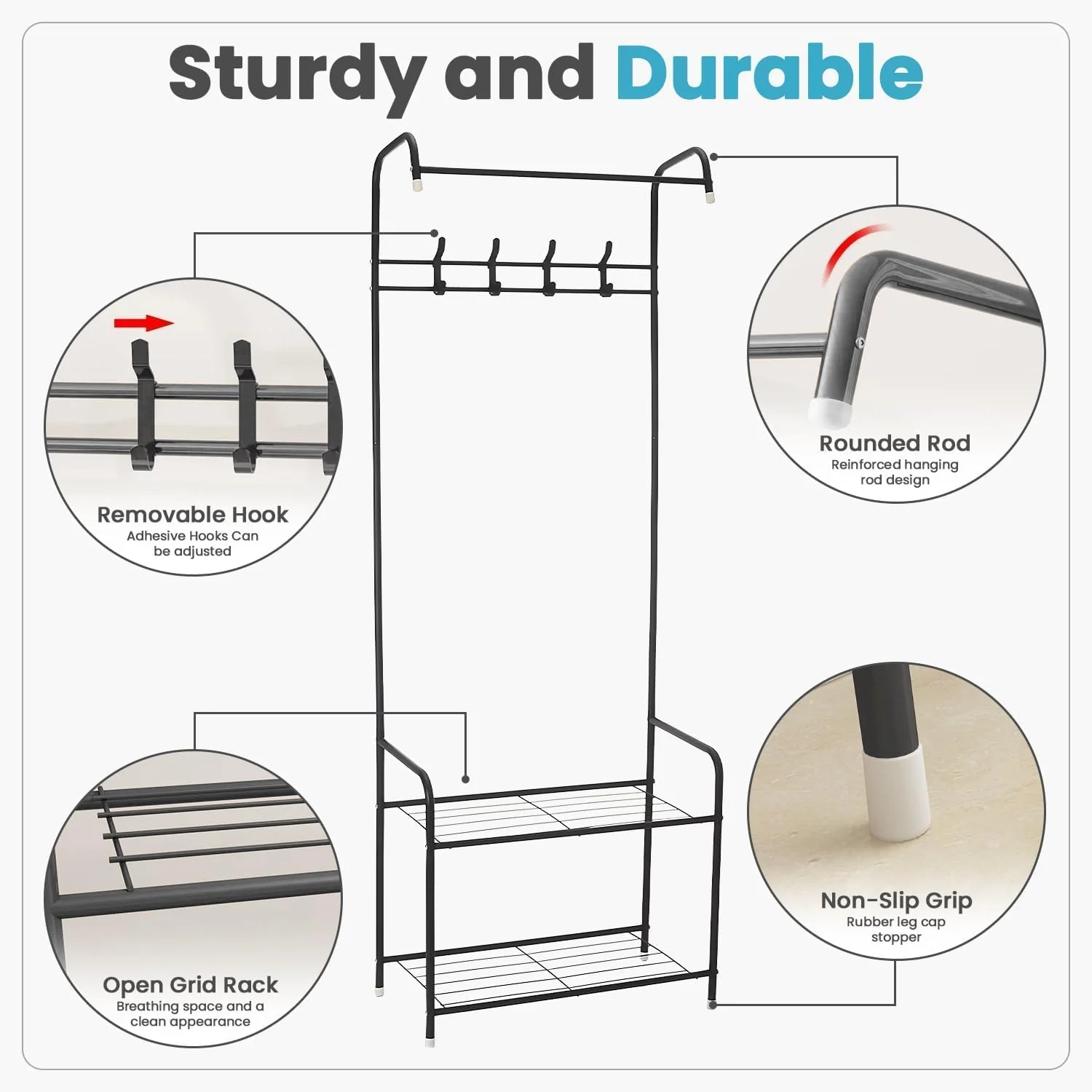 رخت آویز، جاکفشی و چوب لباسی 3 در 1، نظم دهنده ورودی محکم با 3 آویز، 2 طبقه کفش و میله آویز لباس برای کت و لباس، طراحی صرفه جویی در فضا برای خانه یا دفتر (مشکی)