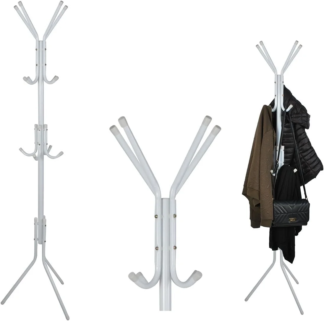 آویز لباس با 12 قلاب، چوب لباسی برای کلاه، کیف دستی، شال، عبا، ژاکت، چتر - پایه ایستاده برای اتاق خواب، خوابگاه، دفتر، راهرو (سفید)